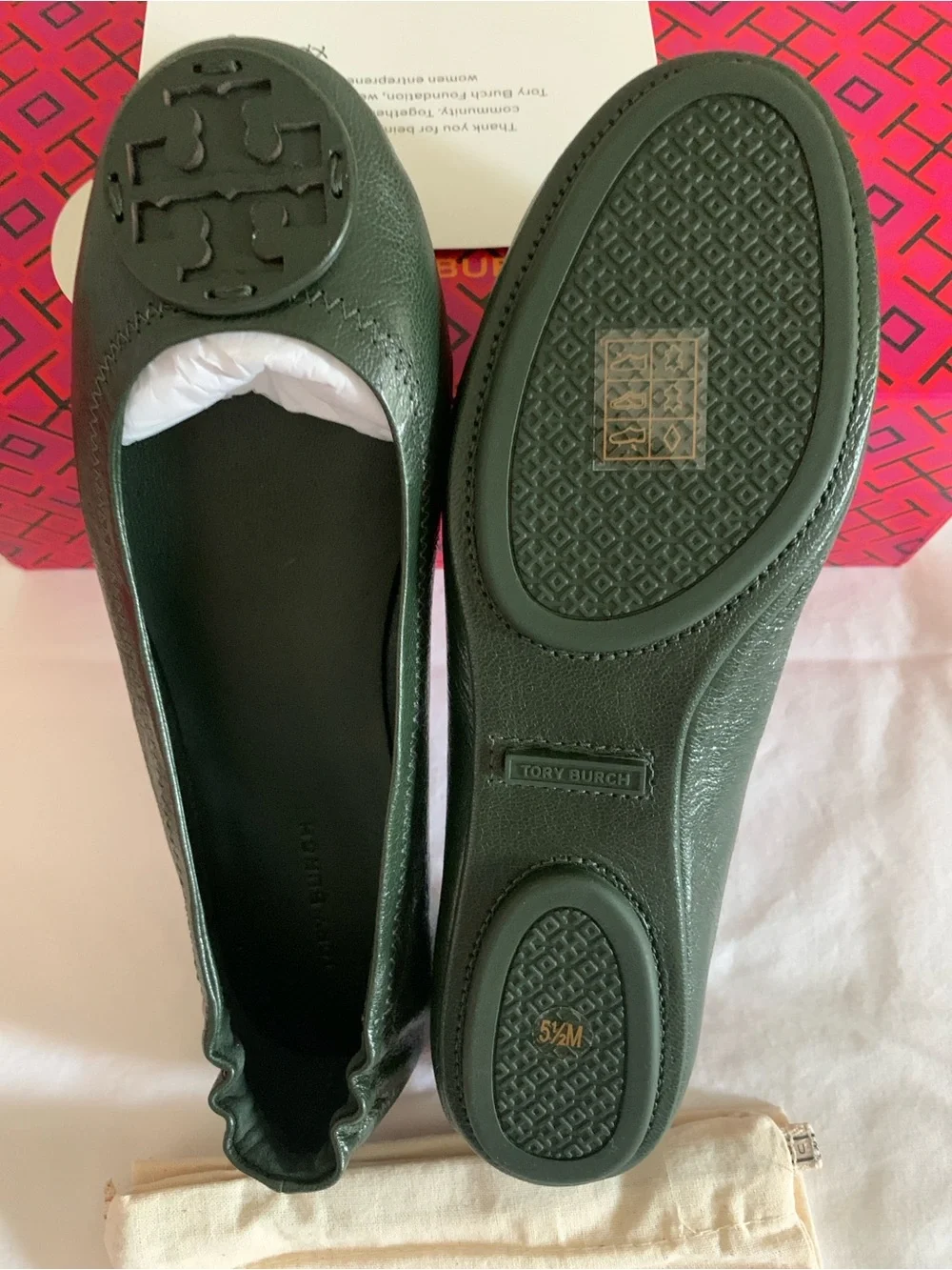 Tory Burch Dark Green Leather Logo Ballet Flats